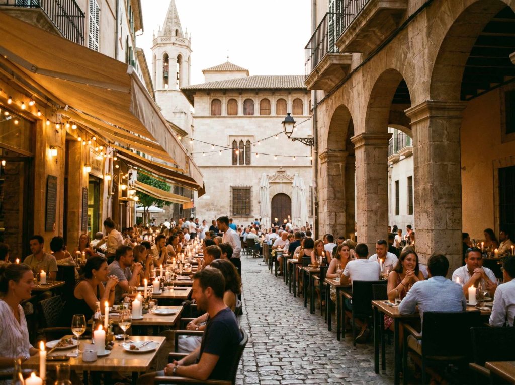 candlelit tapas terrace on a cobbled street in La Lonja, Palma