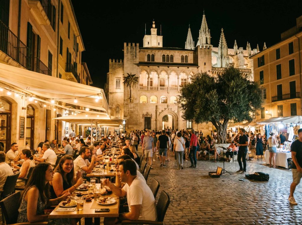 people dining outdoors at night in a Palma de Mallorca square